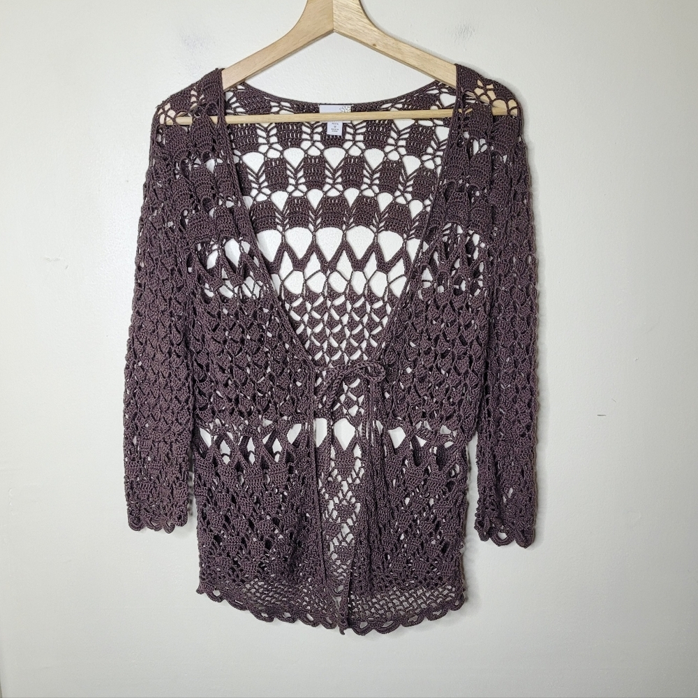 Caslon Brown Crochet Open Knit Cardigan Tie Front Shrug Size MP Petite - Picture 2 of 6